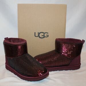 NIB UGG YOUTH SEQUIN MINI SHEARLING LINED BOOTS BURGUNDY PORT
